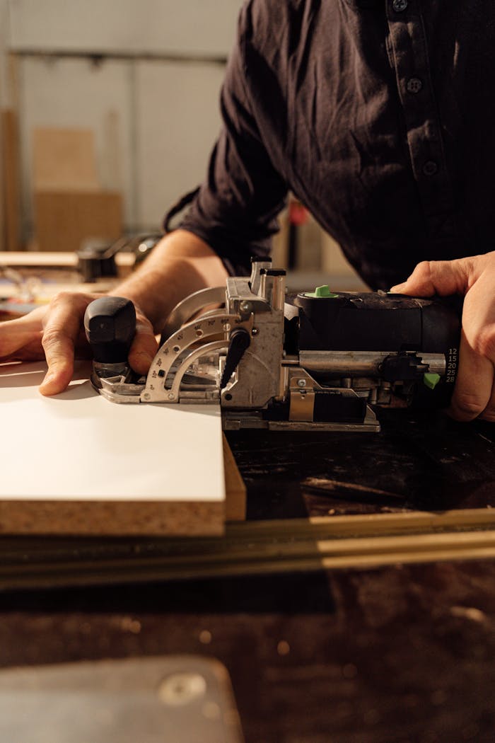 Detailed shot of a carpenter's hands skillfully using a power tool on a wood plank in a workshop.